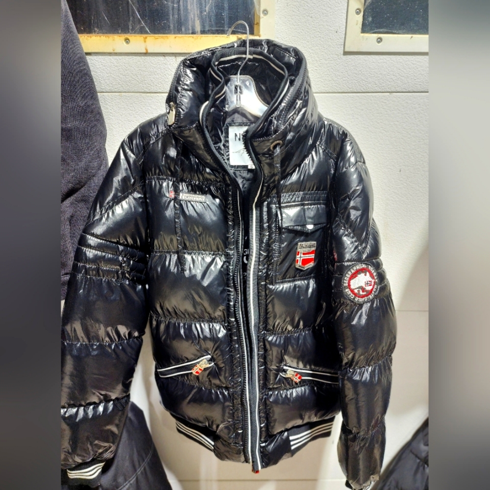 Geogrefical Norway Black Puffer Jacket with Flag Detail